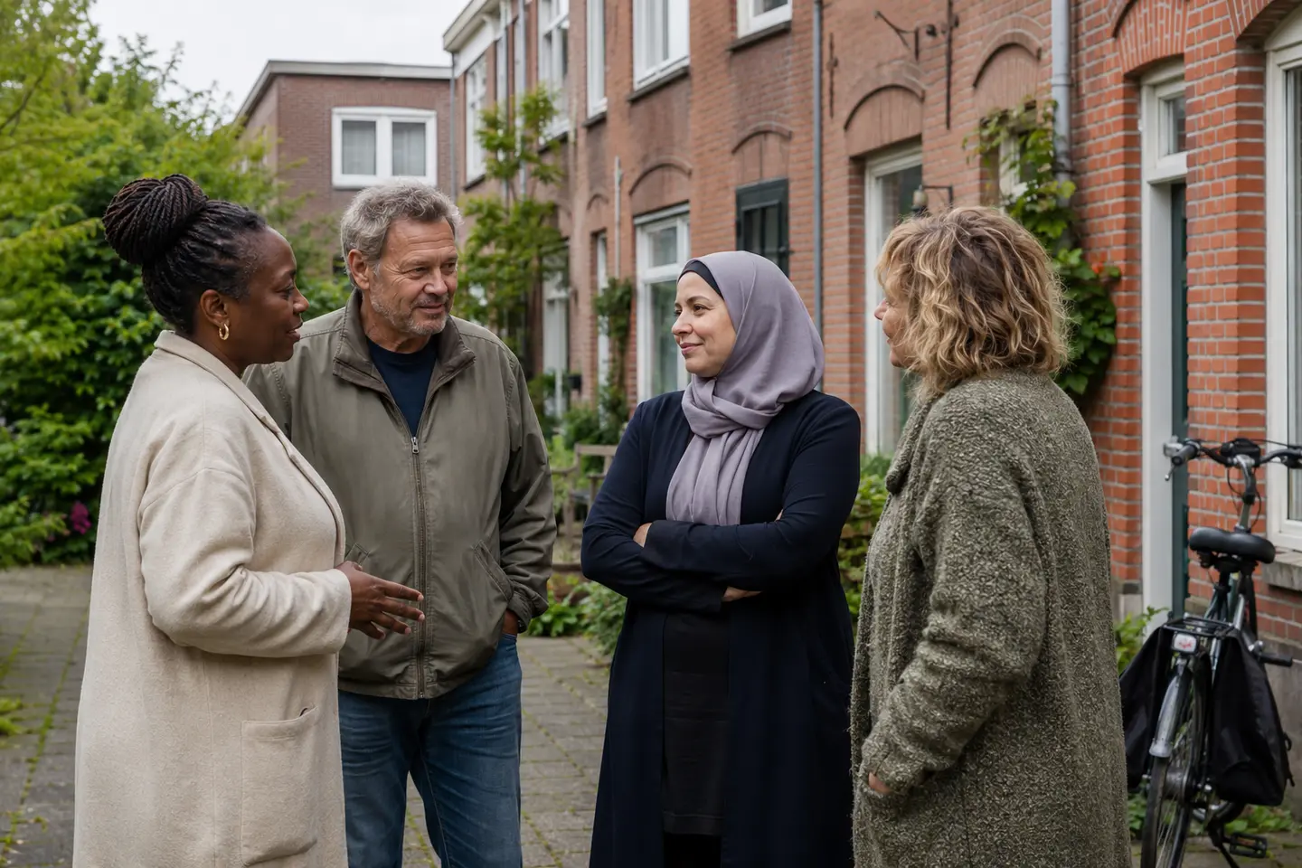 Vier buurtbewoners met verschillende achtergronden spreken elkaar bij hun woningen.