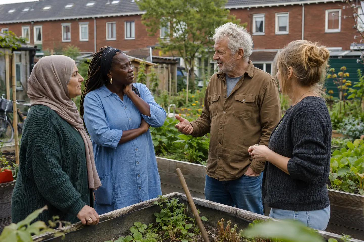 Vier buurtbewoners met verschillende achtergronden bespreken samen iets in een gemeenschappelijke buurttuin.